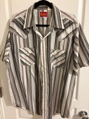 Men's Short-Sleeve Striped Button-Up Shirt - White & Brown
